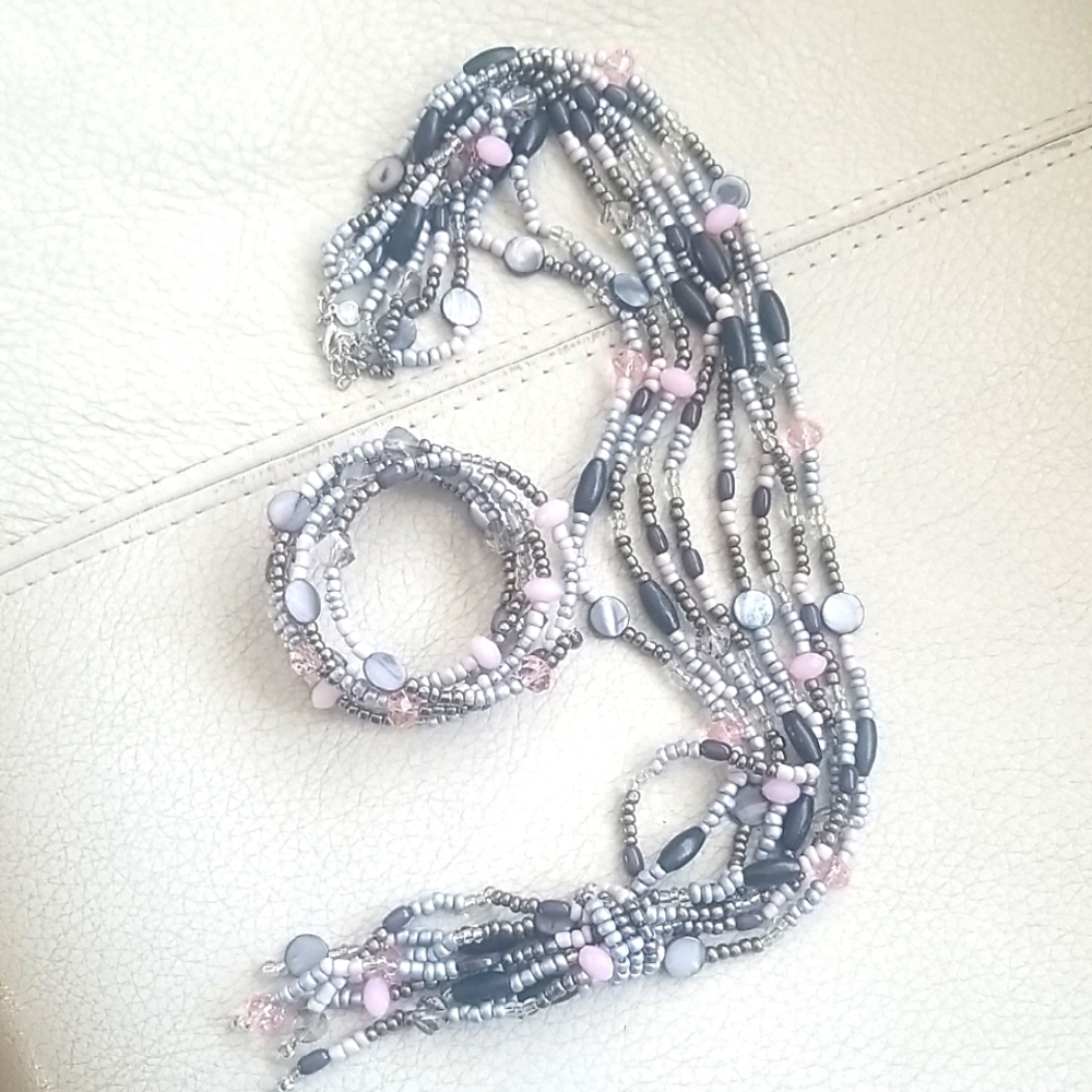 BOHO Multi-Strand Beaded Necklace and Wrap Bracelet Set